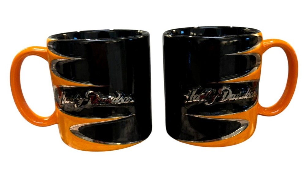 2005 Harley-Davidson Duo Glide Sculpted Ceramic Mugs Orange Black Chrome Set 2